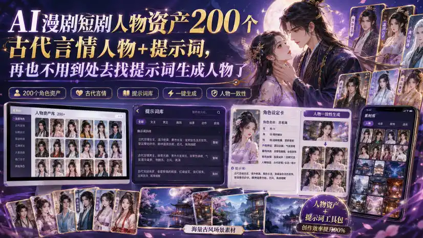 AI漫剧短剧人物资产200个古代言情人物+提示词，再也不用到处去找提示词生成人物了摄影摄像-剪辑后期-编剧导演课程影视课程众筹