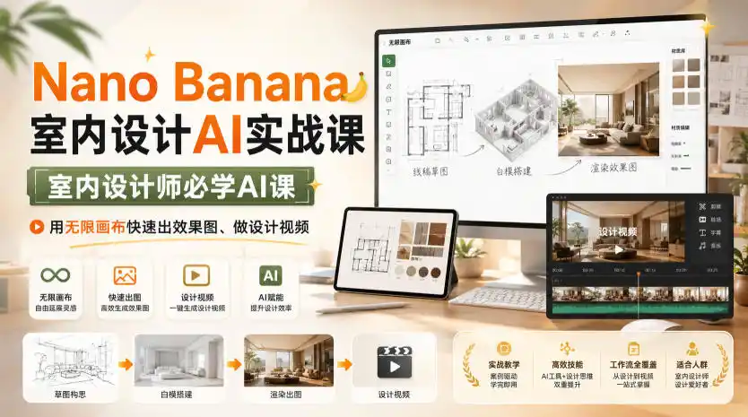 Nano Banana室内设计AI实战课，室内设计师必学AI课，用无限画布快速出效果图、做设计视频摄影摄像-剪辑后期-编剧导演课程影视课程众筹