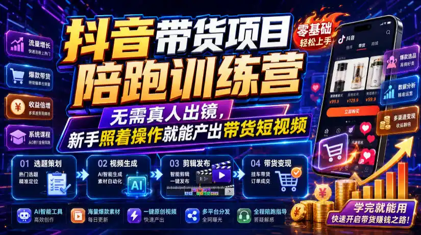 抖音带货项目陪跑训练营，无需真人出镜，新手照着操作就能产出带货短视频(更新0811)摄影摄像-剪辑后期-编剧导演课程影视课程众筹