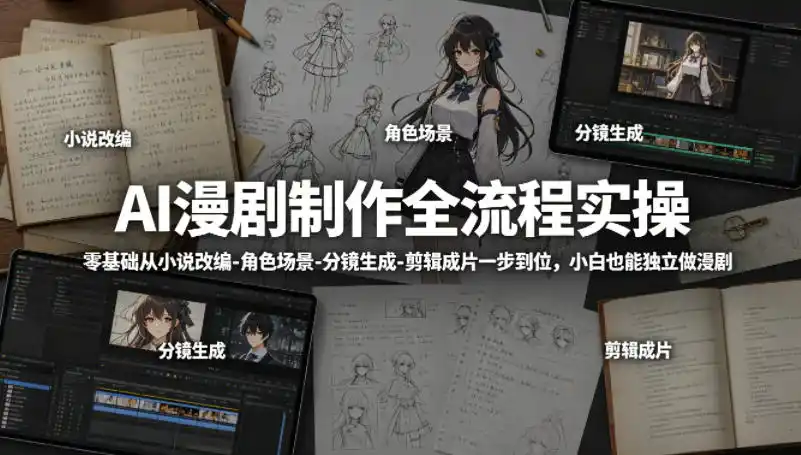 AI漫剧制作全流程实操，零基础从小说改编-角色场景-分镜生成-剪辑成片一步到位，小白也能独立做漫剧摄影摄像-剪辑后期-编剧导演课程影视课程众筹