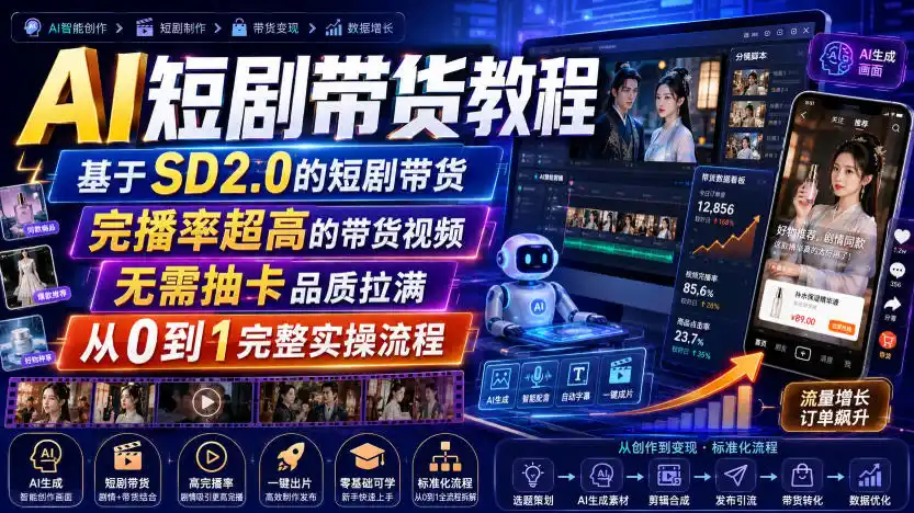 AI短剧带货教程，基于SD2.0的短剧带货，完播率超高的带货视频，无需抽卡品质拉满，从0到1完整实操流程摄影摄像-剪辑后期-编剧导演课程影视课程众筹