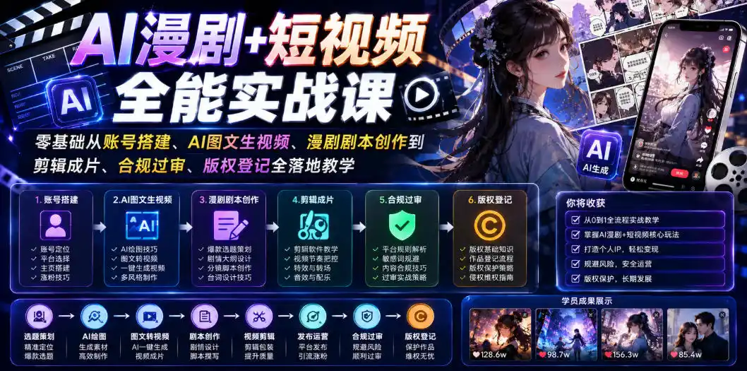 AI漫剧+短视频全能实战课｜零基础从账号搭建、AI图文生视频、漫剧剧本创作到剪辑成片、合规过审、版权登记全落地教学摄影摄像-剪辑后期-编剧导演课程影视课程众筹