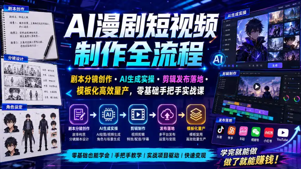 AI漫剧短视频制作全流程｜剧本分镜创作・AI生成实操・剪辑发布落地・模板化高效量产，零基础手把手实战课摄影摄像-剪辑后期-编剧导演课程影视课程众筹