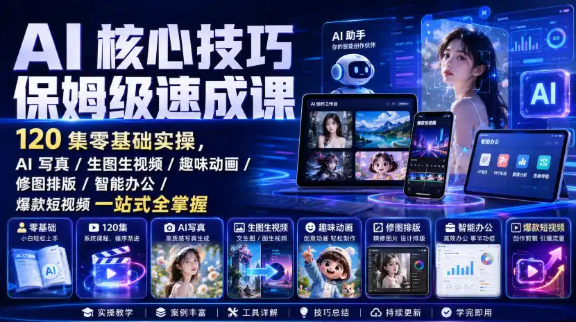 AI核心技巧保姆级速成课｜120集零基础实操，AI写真/生图生视频/趣味动画/修图排版/智能办公/爆款短视频一站式全掌握摄影摄像-剪辑后期-编剧导演课程影视课程众筹