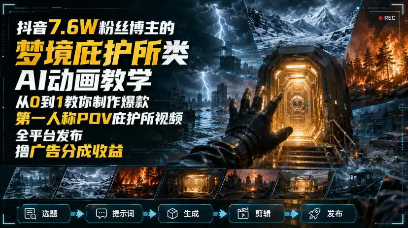 抖音7.6W粉丝博主的梦境庇护所类AI动画教学，从0到1教你制作爆款第一人称POV庇护所视频，全平台发布撸广告分成收益摄影摄像-剪辑后期-编剧导演课程影视课程众筹