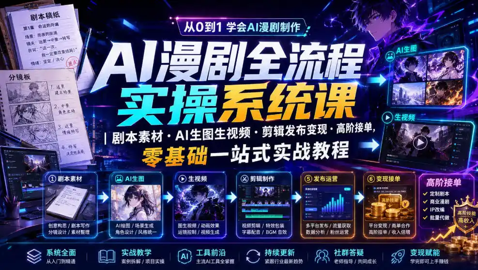 AI漫剧全流程实操系统课｜剧本素材・AI生图生视频・剪辑发布变现・高阶接单，零基础一站式实战教程摄影摄像-剪辑后期-编剧导演课程影视课程众筹