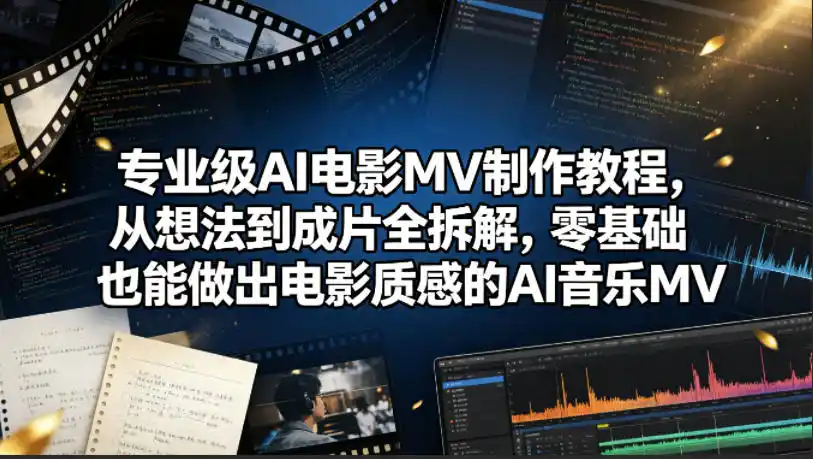 专业级AI电影MV制作教程，从想法到成片全拆解，零基础也能做出电影质感的AI音乐MV摄影摄像-剪辑后期-编剧导演课程影视课程众筹