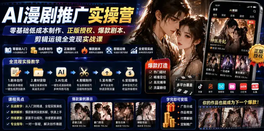 AI漫剧推广实操营｜零基础低成本制作、正版授权、爆款剧本、剪辑运镜全变现实战课摄影摄像-剪辑后期-编剧导演课程影视课程众筹