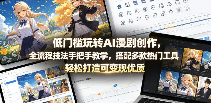 低门槛玩转AI漫剧创作，全流程技法手把手教学，搭配多款热门工具，轻松打造可变现优质作品摄影摄像-剪辑后期-编剧导演课程影视课程众筹