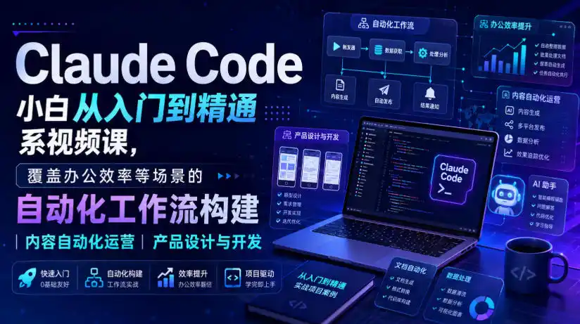 Claude Code小白从入门到精通系视频课，覆盖办公效率等场景的自动化工作流构建|内容自动化运营|产品设计与开发摄影摄像-剪辑后期-编剧导演课程影视课程众筹