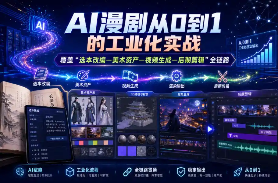 AI漫剧从0到1的工业化实战，覆盖“选本改编—美术资产—视频生成—后期剪辑”全链路(更新6月)摄影摄像-剪辑后期-编剧导演课程影视课程众筹